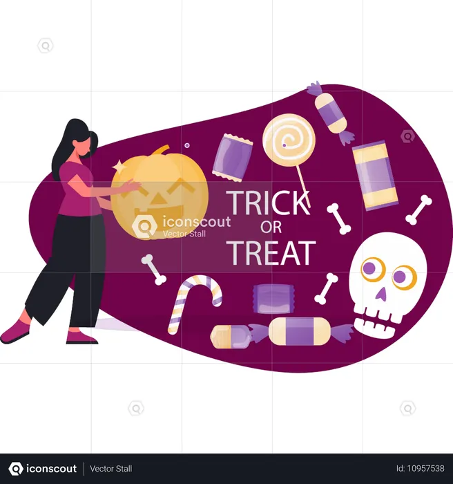 Girl presenting trick or treat halloween party  Illustration