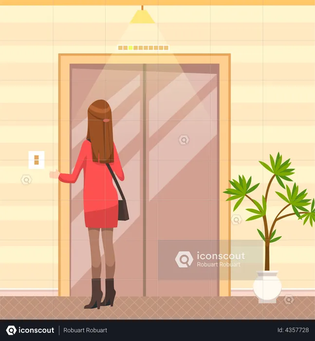 Girl presses elevator call button  Illustration