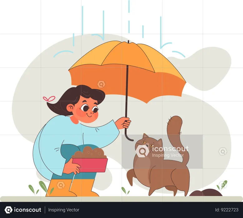 Girl protects pet cat from rainy weather  Illustration