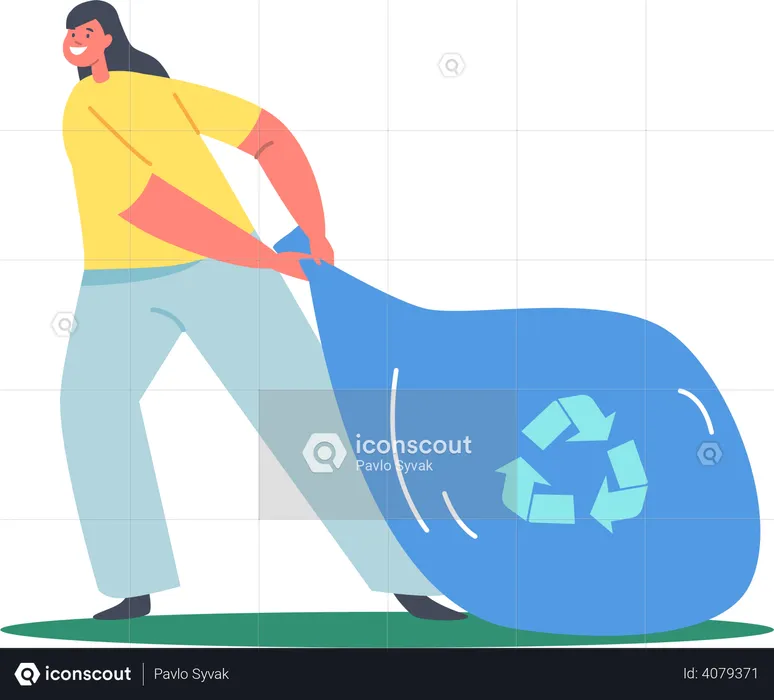 Girl pulling recycle garbage bag for recycle  Illustration