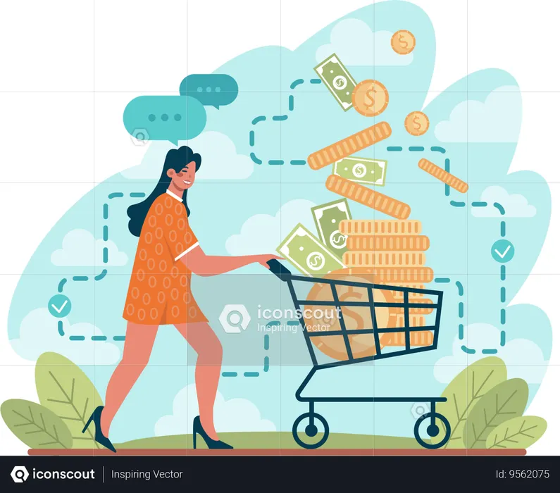 Girl pushing trolley with money  Illustration