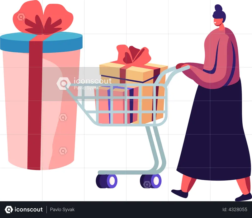 Girl Pushing Trolley with Purchases and Gift Boxes  Illustration