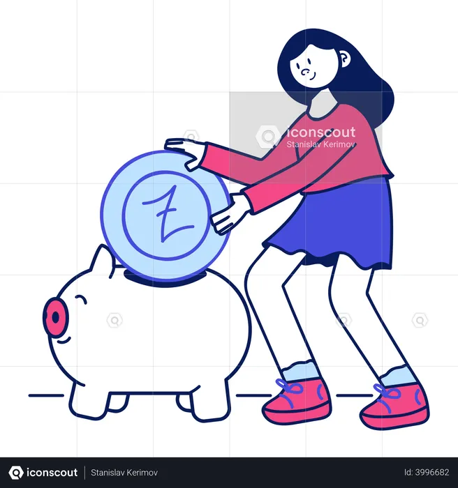 Girl puts a coin in the piggy bank  Illustration