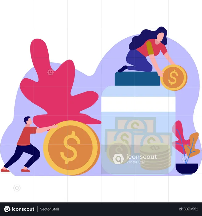 Girl Putting Dollars In Jar  Illustration