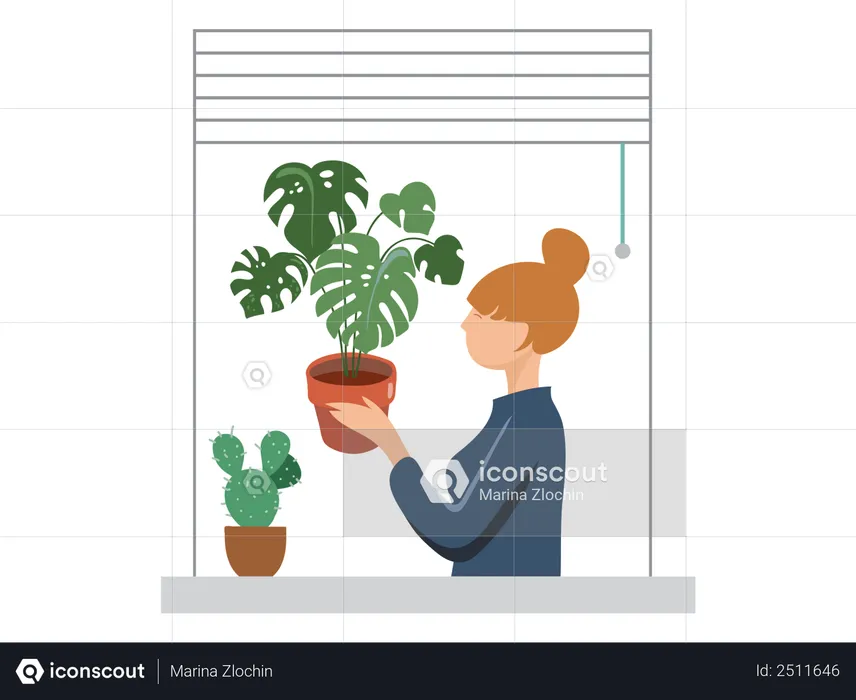 Girl putting plant pot in window  Illustration