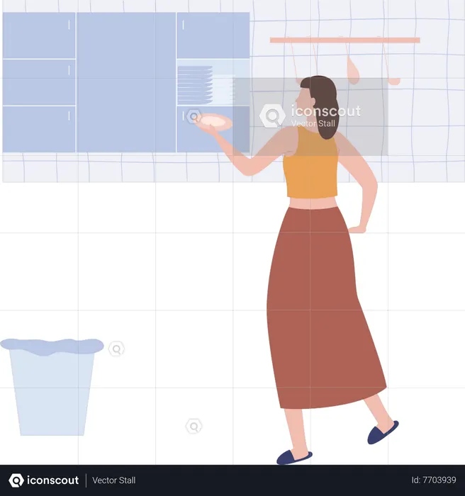 Girl putting plates in cabinet  Illustration