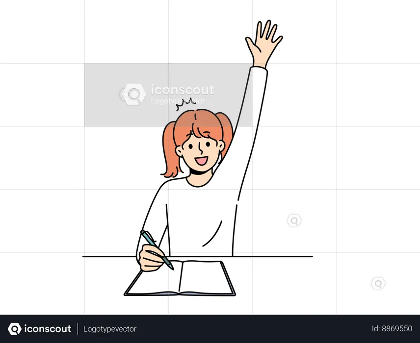 Girl raises her hand after solving her mathematics sum  Illustration
