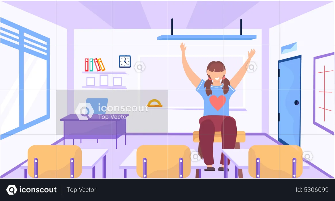 Girl raises her hand up sitting in empty classroom  Illustration