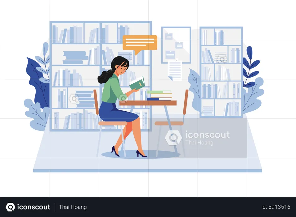 Girl Reading A Book In The Library  Illustration