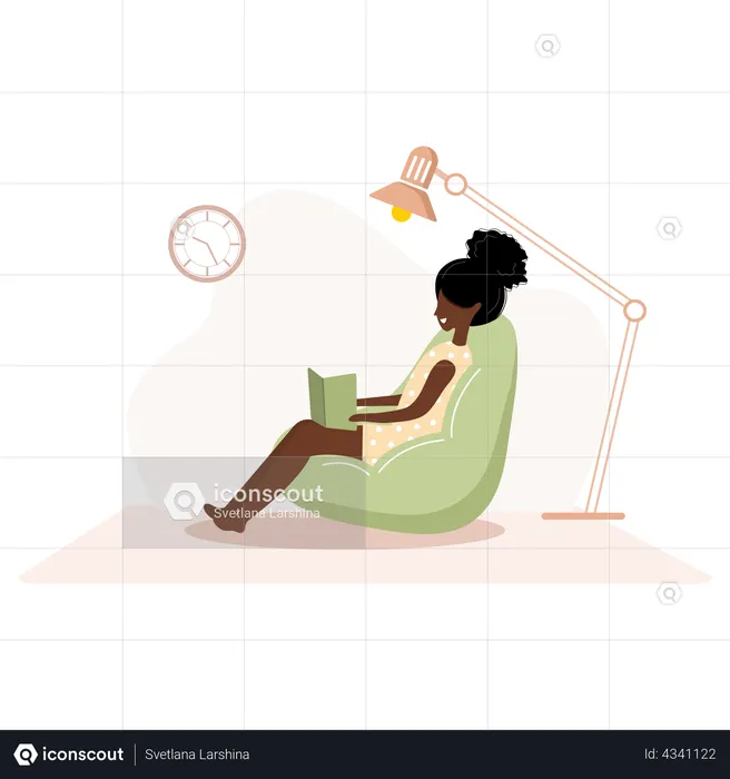 Girl reading book by seating on beanbag  Illustration