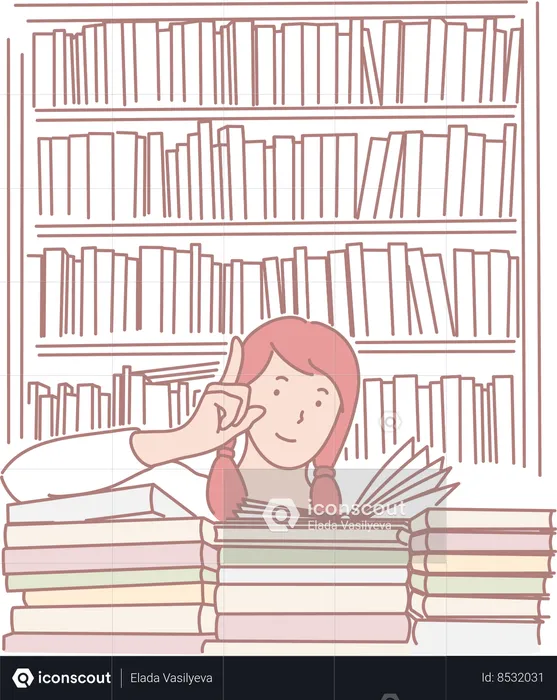 Girl reading book in library  Illustration