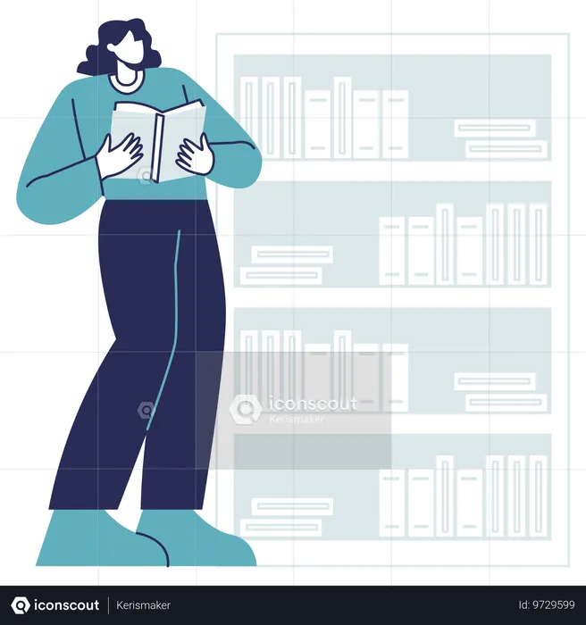 Girl reading book in Library  Illustration