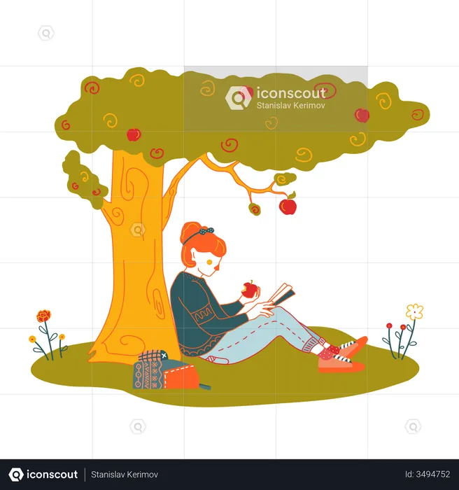 Girl reading book in park  Illustration