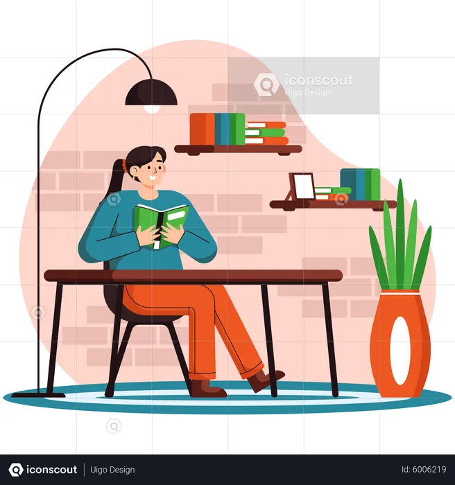 Girl Reading Book In Reading Room  Illustration