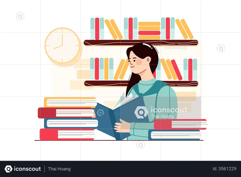 Girl reading book in school library  Illustration
