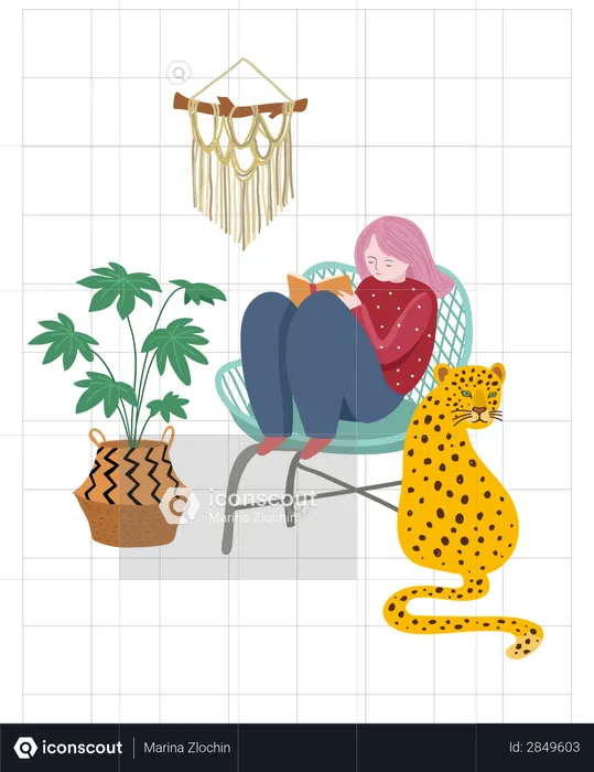Girl reading book near jungle leopard  Illustration