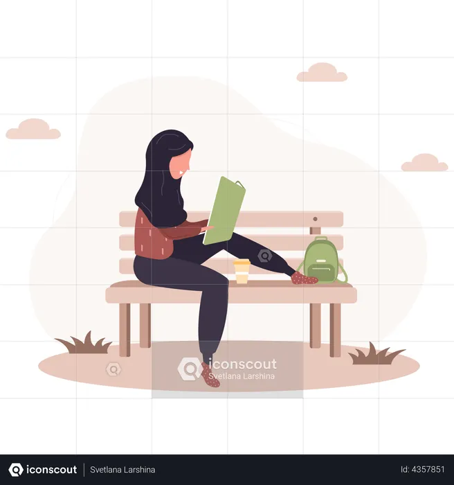 Girl reading book on bench  Illustration
