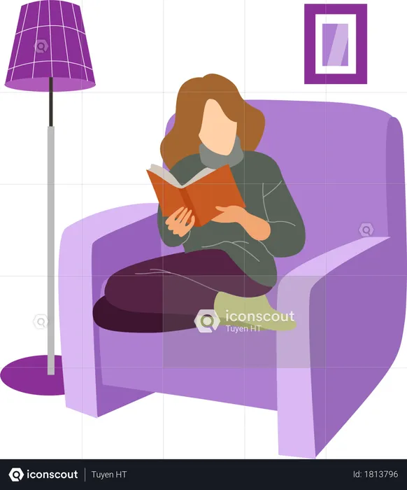 Girl reading book on chair  Illustration