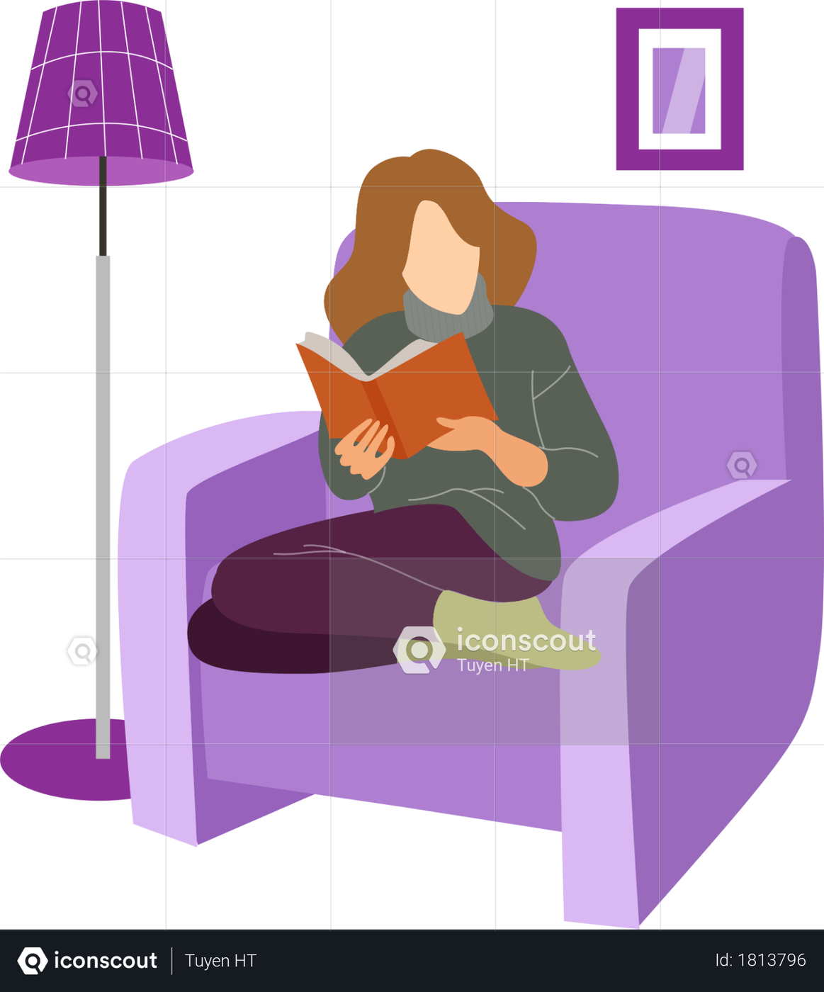 Best Premium Girl reading book on chair Illustration download in PNG