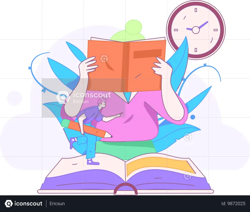 Girl reading book while boy write in book  Illustration