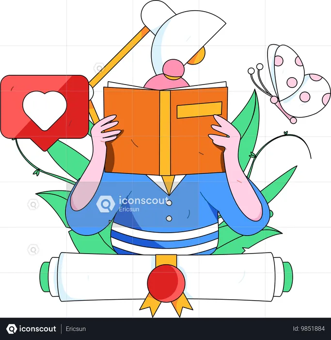 Girl reading book while getting education degree  Illustration