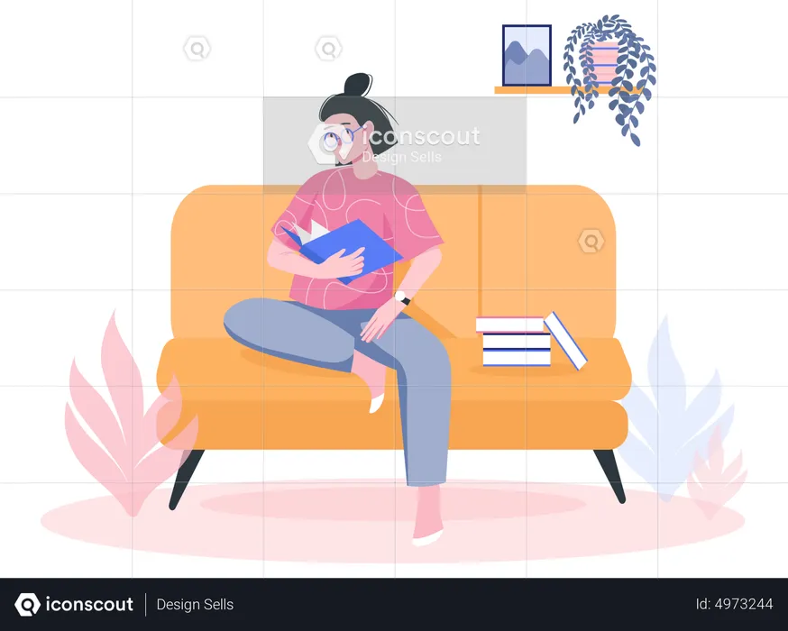 Girl reading book while on the sofa  Illustration