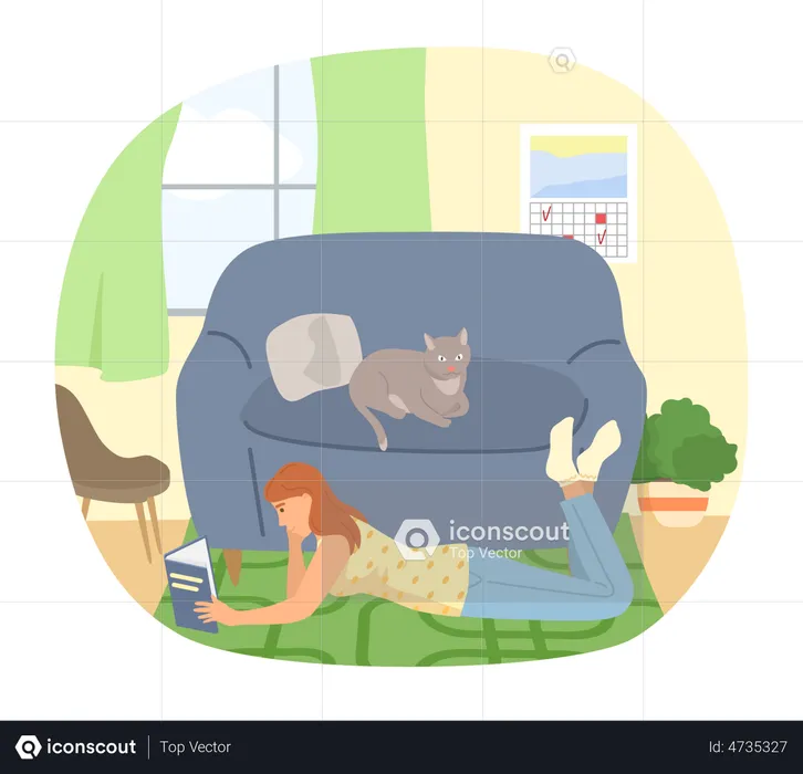 Girl reading book while relaxing on floor  Illustration