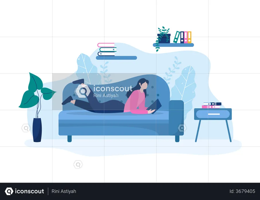 Girl reading book while relaxing on sofa  Illustration