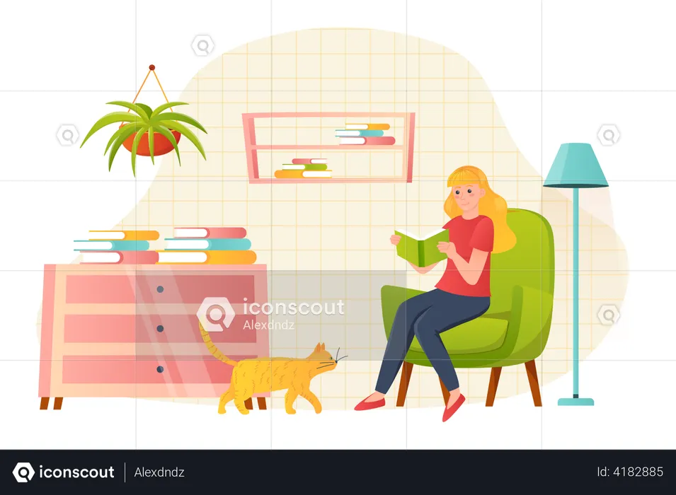 Girl reading book while sitting at home  Illustration