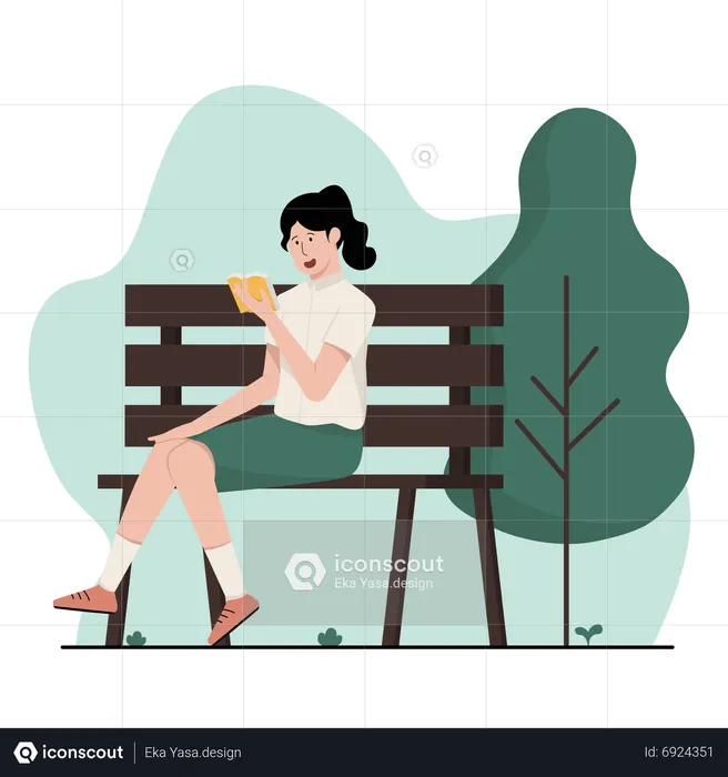 Girl reading book while sitting at park bench  Illustration