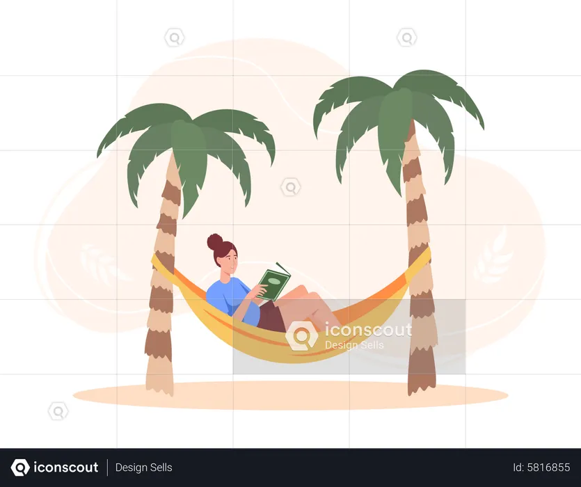 Girl reading book while sitting in hammock  Illustration