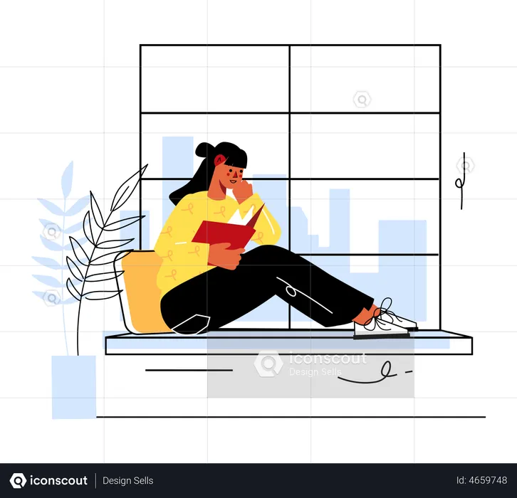 Girl reading book while sitting near window  Illustration