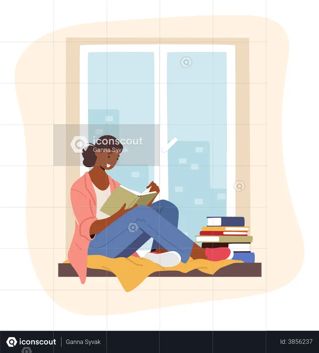 Girl reading book while sitting near window  Illustration