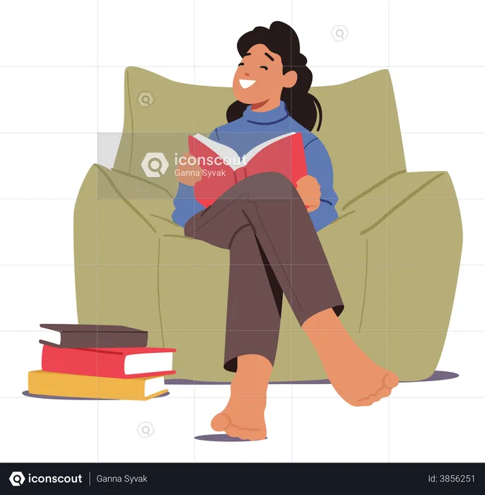 Girl reading book while sitting on couch  Illustration