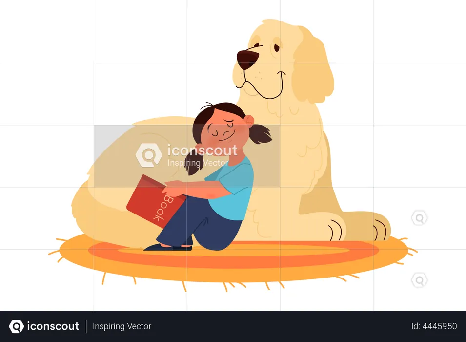 Girl reading book while sitting with pet dog  Illustration