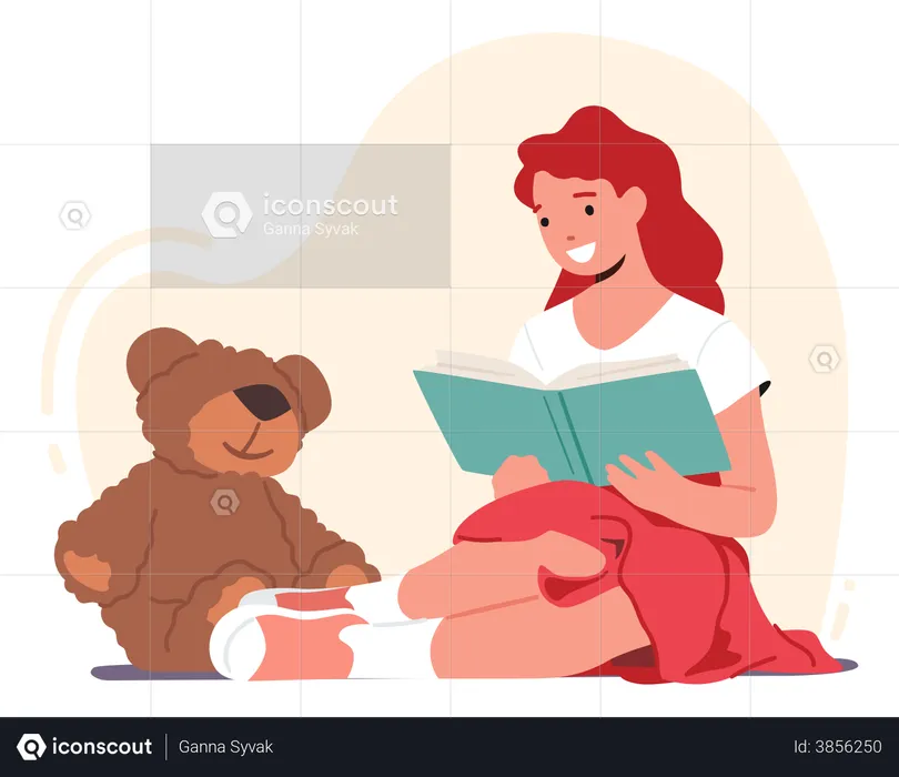 Girl reading book while sitting with teddy bear  Illustration