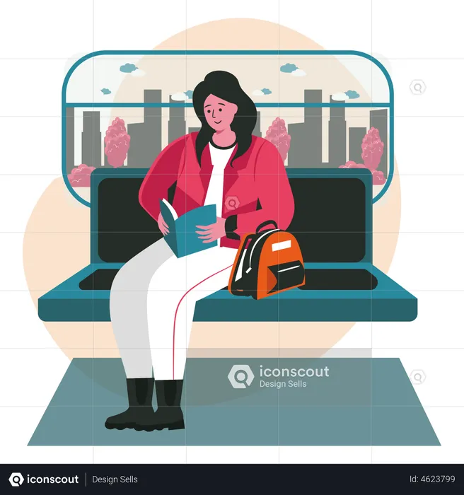Girl reading book while travelling in a train  Illustration