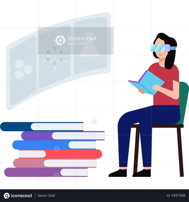Girl reading books with VR glasses  Illustration