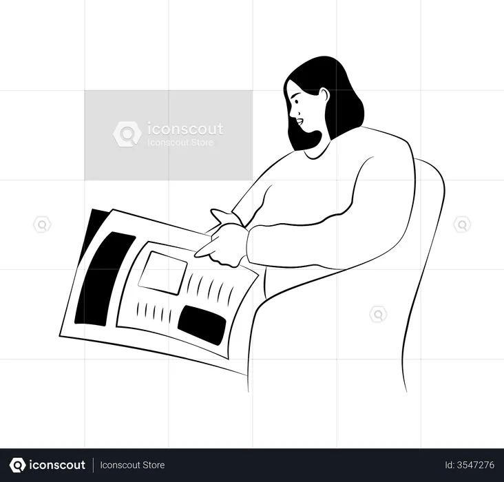 Girl reading newspaper while sitting on chair  Illustration