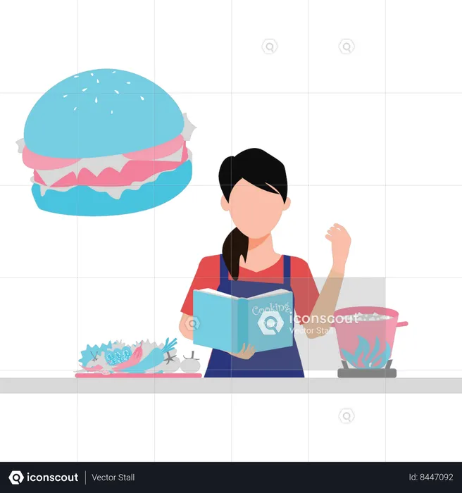 Girl reading recipe book  Illustration