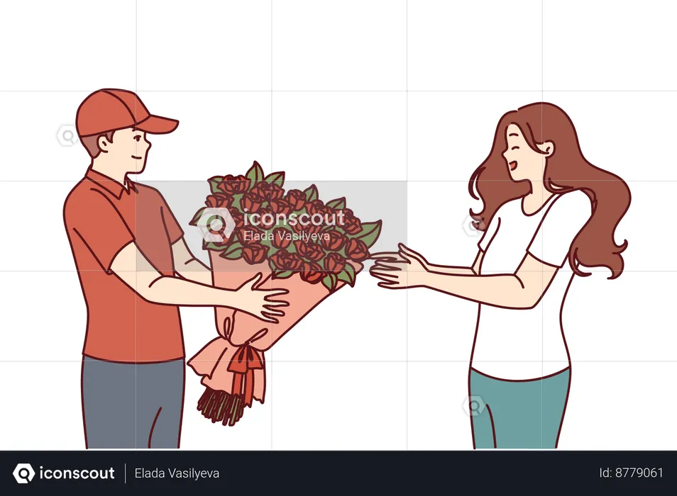 Girl receives bouquet of flowers  Illustration