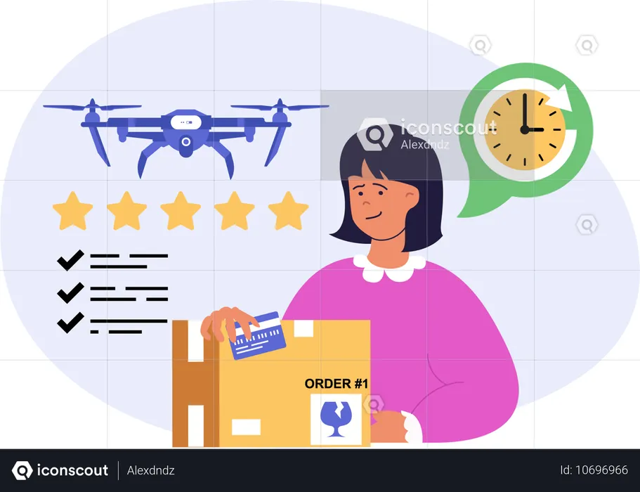 Girl receiving drone delivery  Illustration