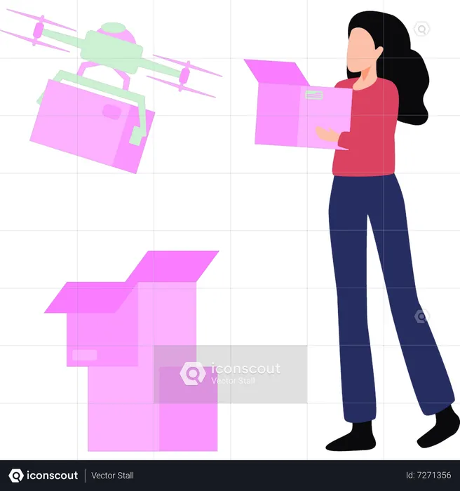 Girl receiving parcel by drone  Illustration