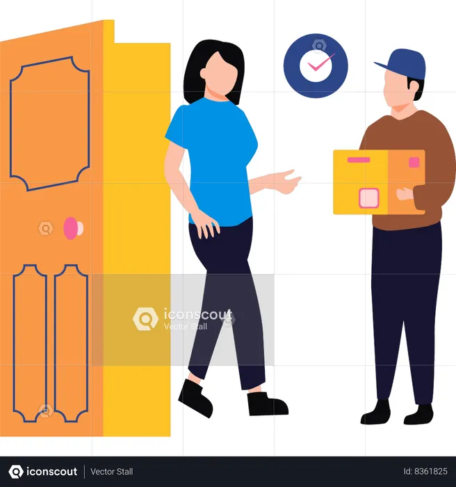 Girl receiving parcel from delivery boy  Illustration