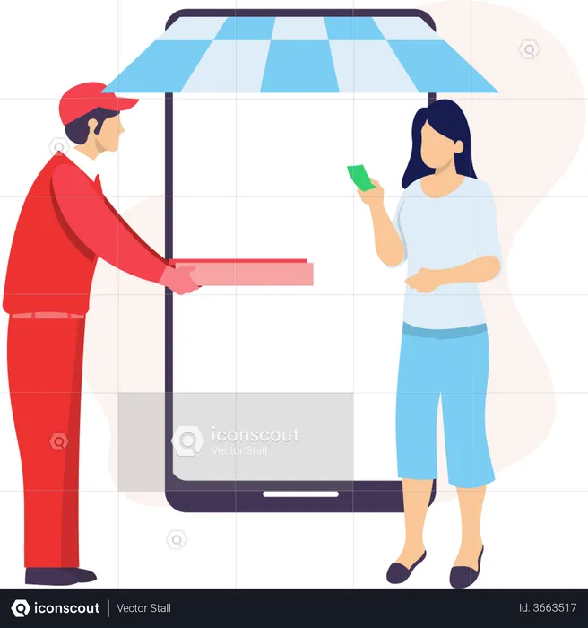 Girl receiving pizza delivery and paying via cash  Illustration