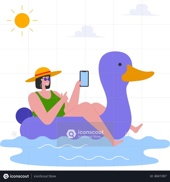 Girl relaxing on Swimming rubber duck ring  Illustration