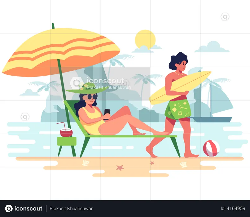 Girl relaxing under sunshade while boy going for surfing  Illustration