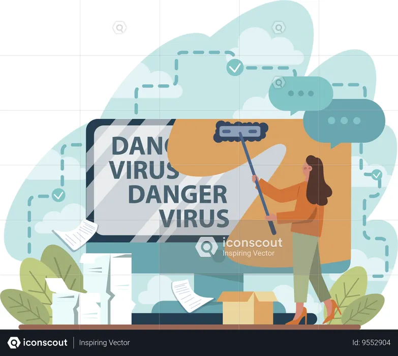 Girl removing danger virus text from system  Illustration