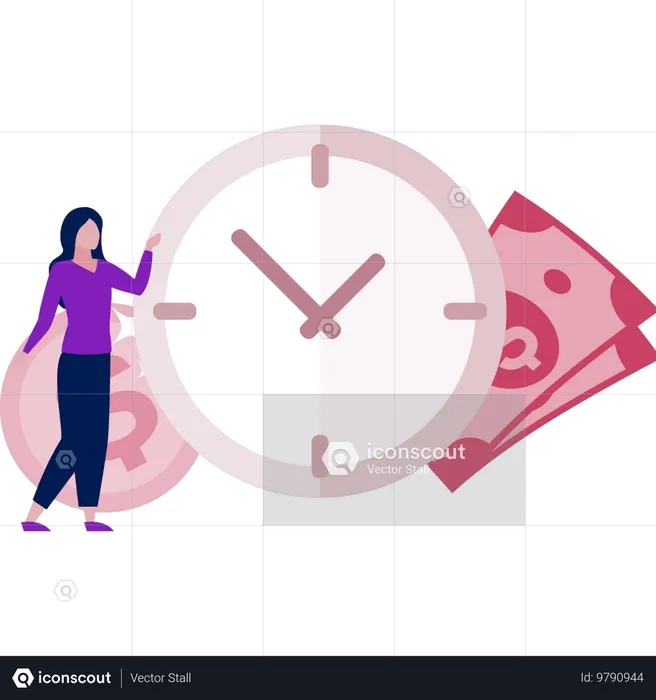 Girl representing money on time.  Illustration