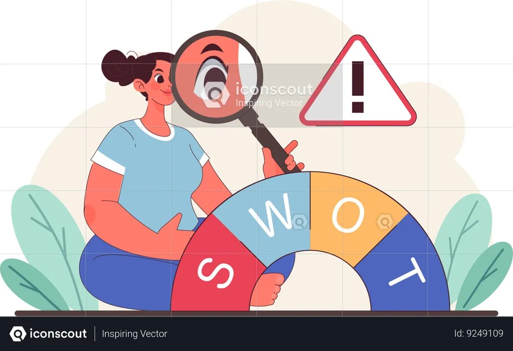 Girl research on SWOT analysis while getting alert  Illustration